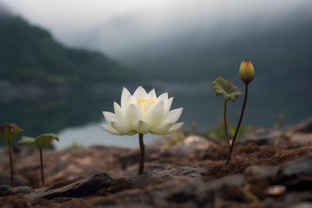 White lotus flower on the ground with foggy mountain background.の素材