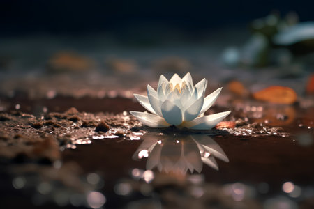 White lotus flower on the water surface with reflection in water.の素材