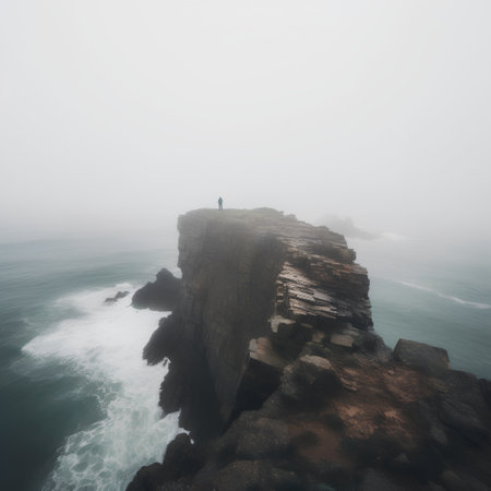 Man standing on the edge of a cliff in a foggy dayの素材