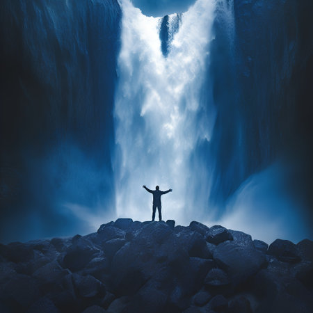 Silhouette of a man standing at the bottom of a waterfallの素材