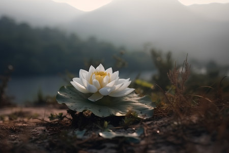 White lotus flower on the lake in the morning, Thailand.の素材