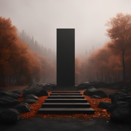 3d render of black stairway in the autumn forest with fogの素材