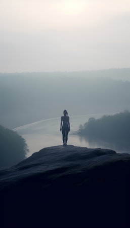 Silhouette of woman standing on top of rock and looking at misty landscapeの素材