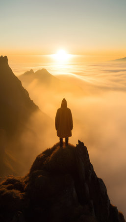 Silhouette of a woman standing on the top of a mountain and enjoying the sunrise.の素材