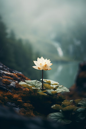 Beautiful white lotus flower on the rock with fog background.の素材