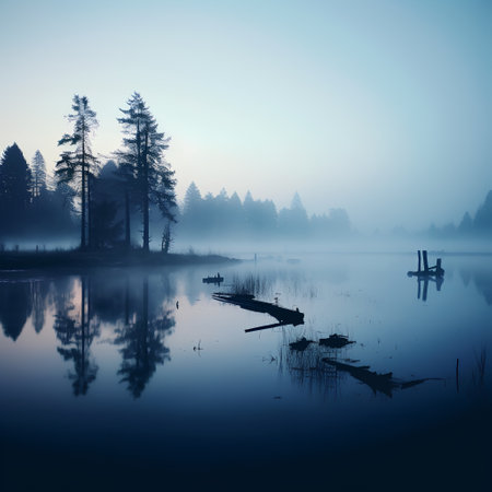 Foggy morning on the lake with reflection in the water.の素材