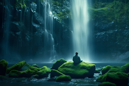 Man meditating in front of a waterfall in green mossy rocksの素材