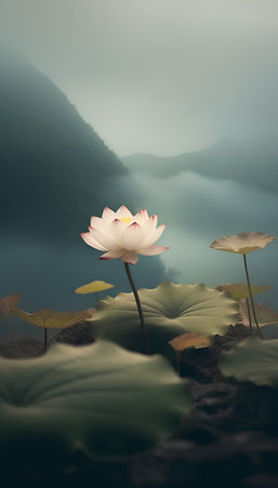 Beautiful lotus flower in the pond with fog and mountain backgroundの素材