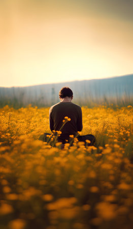 Man sitting on the edge of a yellow flower meadow at sunsetの素材