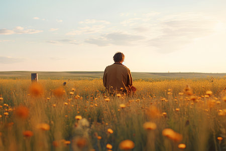 Man in a field of yellow flowers at sunset, back view.の素材