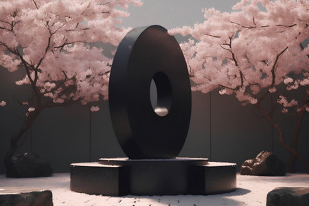 Cherry blossoms and stone podium for product display. 3D renderingの素材