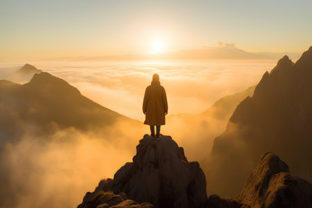 Silhouette of a woman standing on top of a mountain and looking at the foggy sunriseの素材