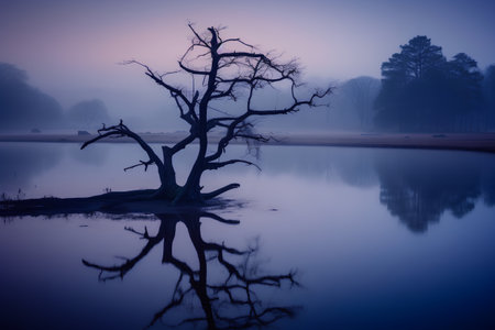 Lonely tree on the bank of a misty lake.の素材