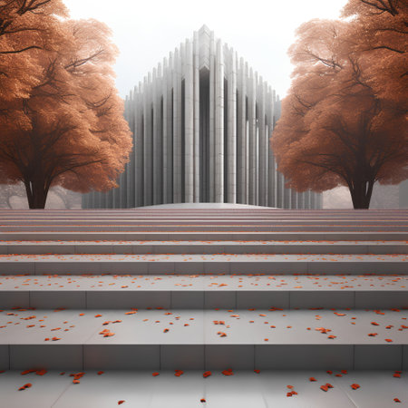 Autumn scene with stairs and skyscrapers. 3d renderの素材