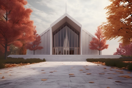 3d render of modern building with autumnal leaves in the backgroundの素材