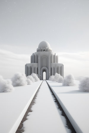 Winter landscape with white mosque and snowfall. 3D rendering.の素材