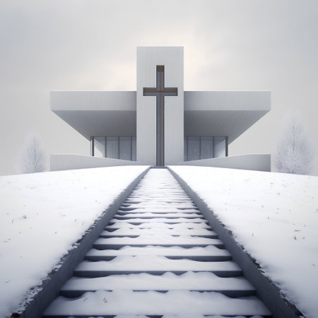Church in winter with cross and stairs. Conceptual image. 3D rendering.の素材