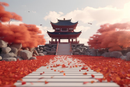 3d render of japanese pavilion with red leaves.の素材