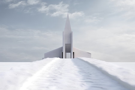 christian church in the snow on cloudy sky background 3d renderingの素材