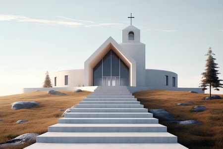 3d render of white church with stairs leading up to the skyの素材