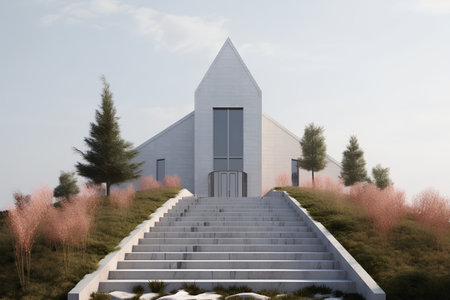 Conceptual image of a modern house with stairs leading to the skyの素材