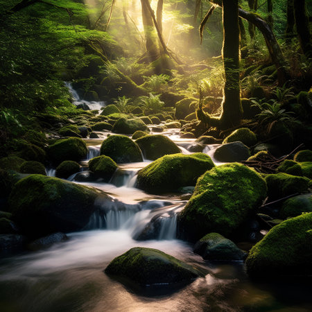 Beautiful long exposure of a stream flowing through a lush forest at sunriseの素材