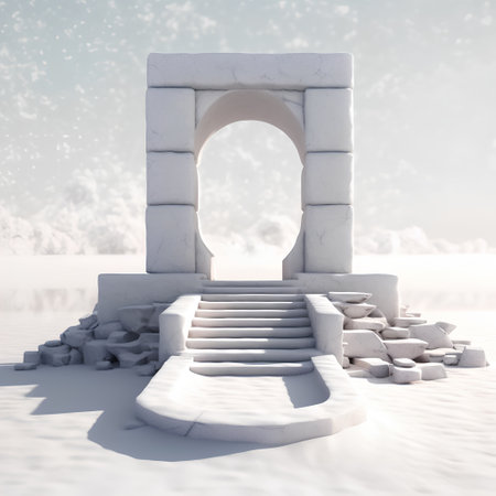 3d render of a stone arch in the winter landscape with snowの素材