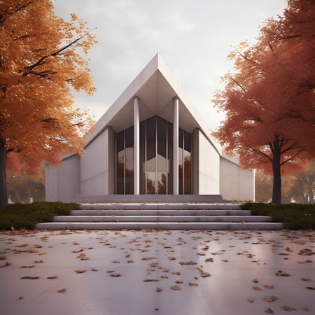 3d render of a modern university building in autumn with fallen leavesの素材