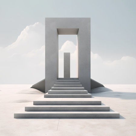 Concrete stairs leading to open door on cloudy sky background 3D renderingの素材