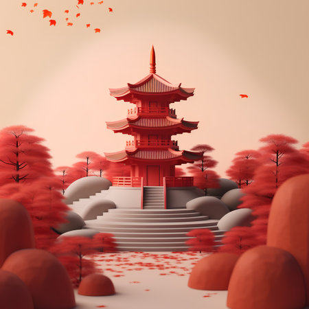 3d illustration of japanese pagoda with red autumn treesの素材