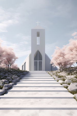 church with cherry blossoms in springtime (3d render)の素材