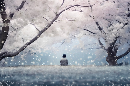 Woman sitting on the grass and looking at the cherry blossoms treeの素材