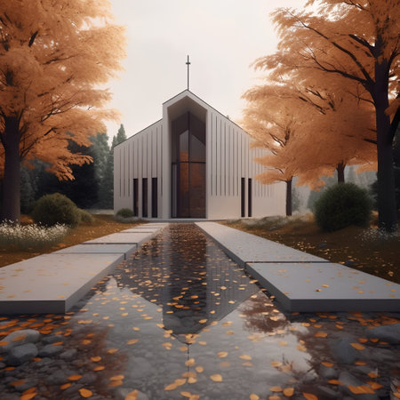 3d render of modern church in autumnal park with fallen leavesの素材