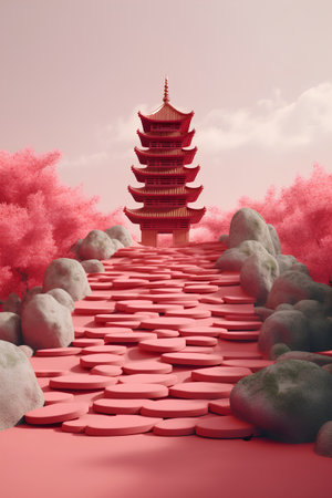 Chinese pagoda with red hearts on the ground, 3d renderの素材