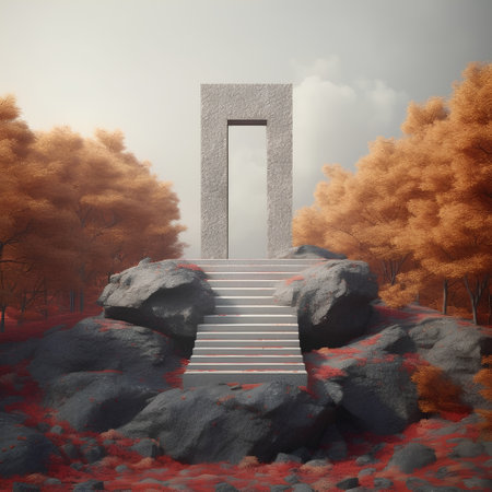 stone ladder leading to the entrance to autumn forest, 3d renderの素材