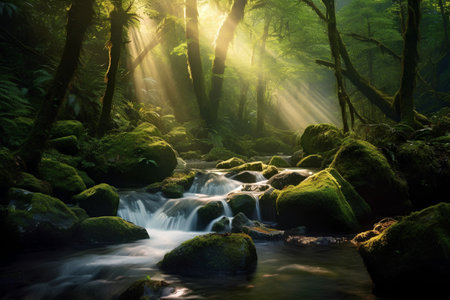 Mountain stream in the forest at sunrise. Beautiful natural landscape.の素材