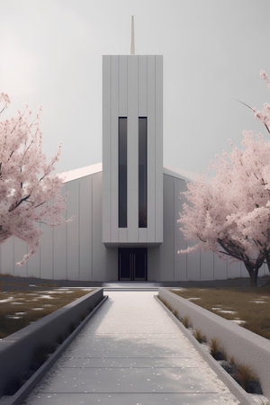 3D rendering of a modern building with cherry blossoms in the backgroundの素材
