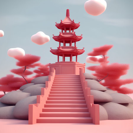 3d rendering of red pagoda with stairs and clouds in the skyの素材