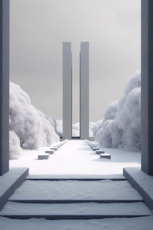 Winter landscape with stairs and trees, 3d render. Winter backgroundの素材