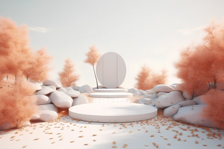 3d render of white podium for product presentation in the autumn forestの素材