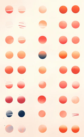 Abstract background of red, orange and blue circles on a white backgroundの素材