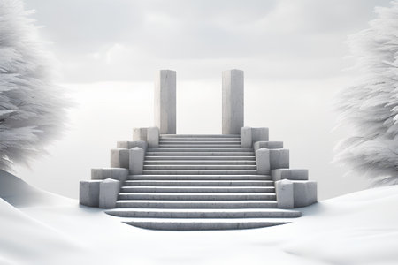 3d render of stairs in the winter landscape with snowflakesの素材