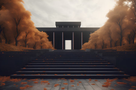 Conceptual image of an old school building surrounded by autumn treesの素材