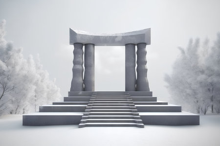 winter landscape with a stone entrance to the park,3d renderの素材