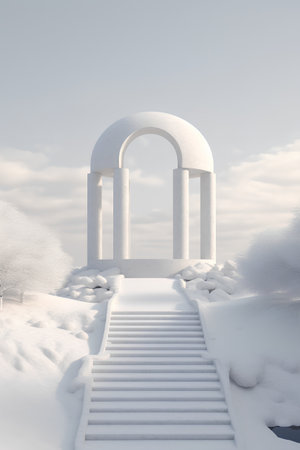 3d render of white arch in winter landscape with stairs and treesの素材