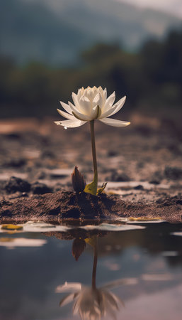 Beautiful white lotus flower blooming in the pond with reflectionの素材