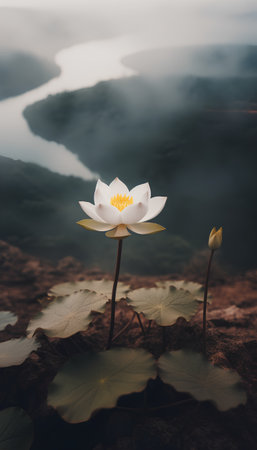 White lotus flower on the lake. Nature background. Selective focus.の素材