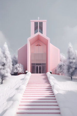 3d render of christian church in winter landscape with stairwayの素材