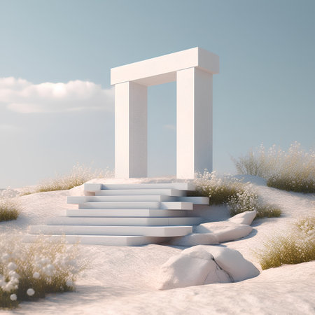 White stone arch in the desert with grass and flowers. 3d renderの素材