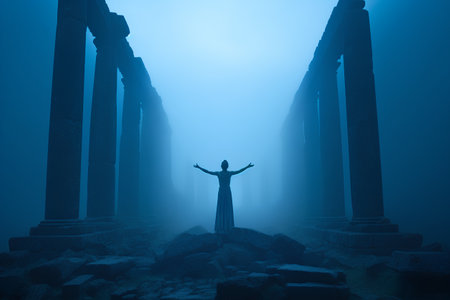 Woman in the ruins of an ancient temple in a foggy nightの素材